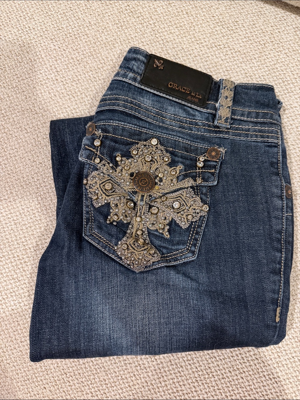 Grace in LA Women's Dark Blue Jeans with Ornate Beaded Cross Pocket